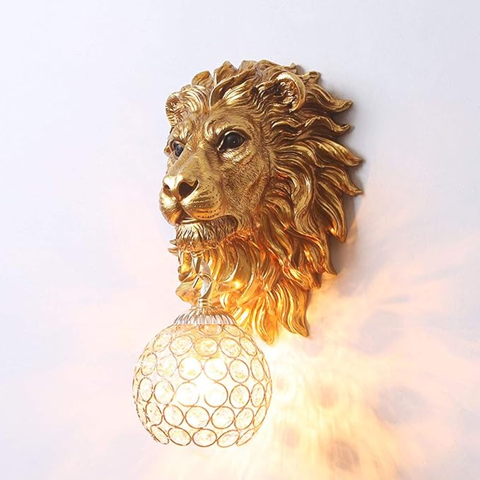 Gold Wall Sconce Baroque Style Crystal Wall Sconces Resin Lion Head Design Luxury Glass Wall Mount Light Fixture Indoor Vintage Sconces Wall Lighting for Living Room Hallway Stairway Bedroom - Bloomnest