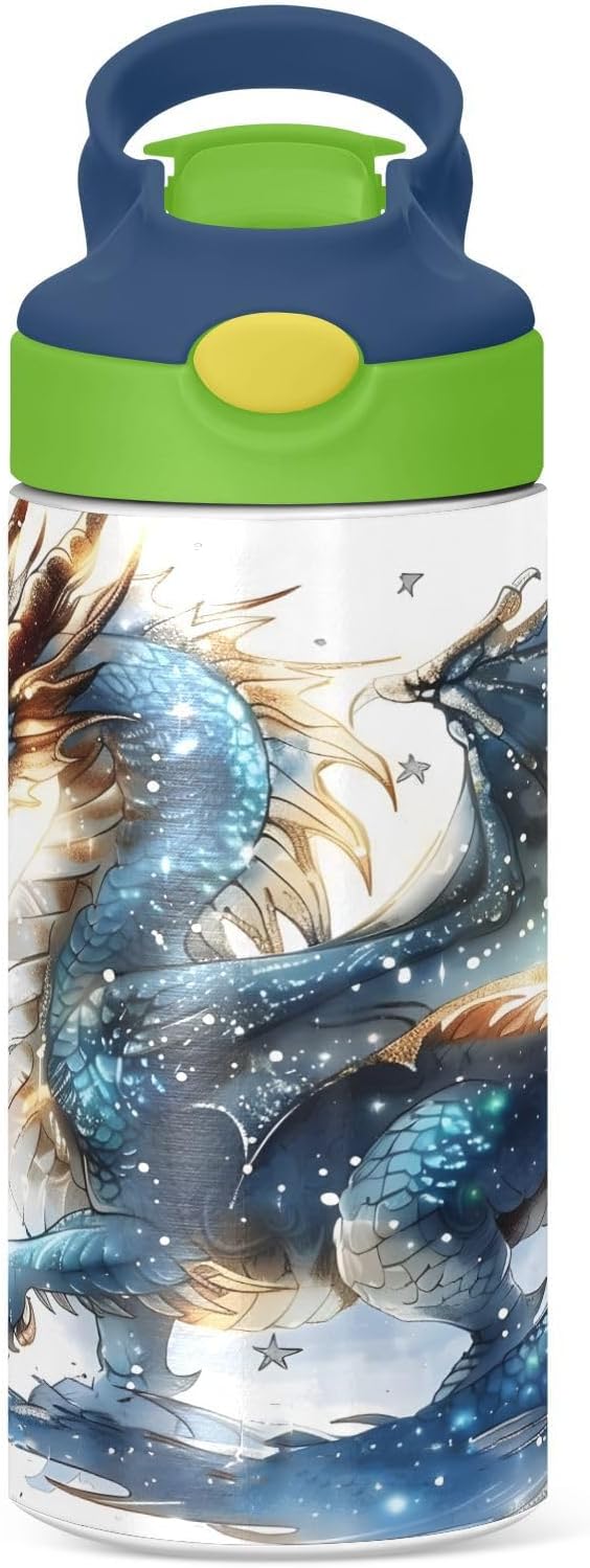 Dragon Water Fire Kids Water Bottle with Straw Lid Insulated Tumbler with Handle Stainless Steel Reusable Toddlers Cup for Kids Boys 12 oz - Bloomnest