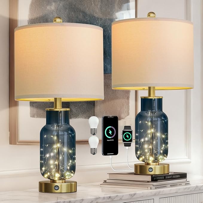 Oneach 22" Glass Table Lamps Set of 2, Blue Modern Bedside Lamp with LED Night Light for Living Room, Nightstand Lamp with USB Ports for Bedrooms, Study Room, End Table(2 Bulbs Included) - Bloomnest