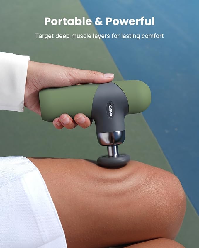 RENPHO Mini Thermal Massage Gun with Heat, Christmas Birthday Gifts for Women Men, Portable Deep Tissue Percussion Massager, Color Silicone Sleeves Travel Size with Carry Case, Olive Drab - Bloomnest