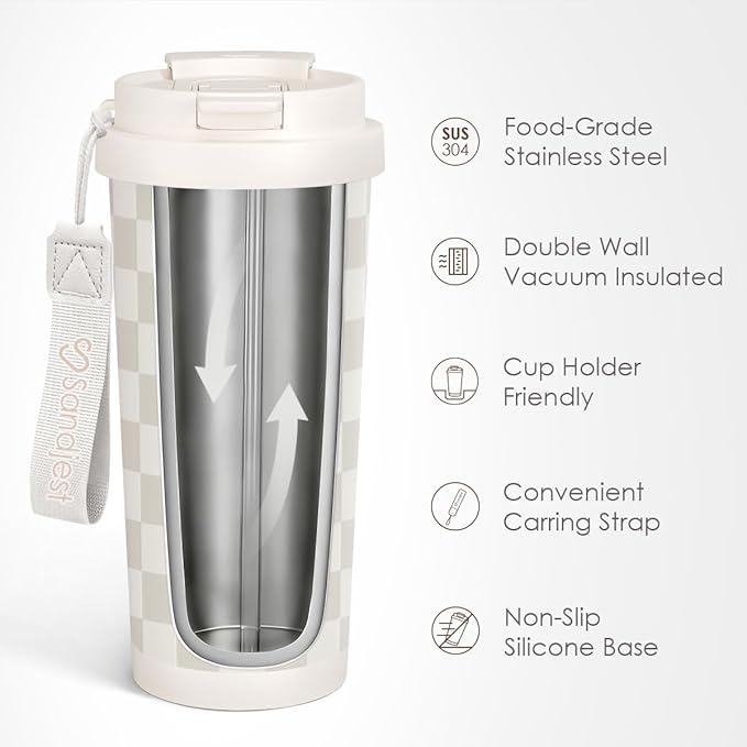 Checkered Tumbler - Stainless Steel 2-in-1 Lid Coffee Tumbler 18 oz, Checker Insulated Travel Mug Gift for Women Girls Teens, Birthday Christmas (Beige) - Bloomnest