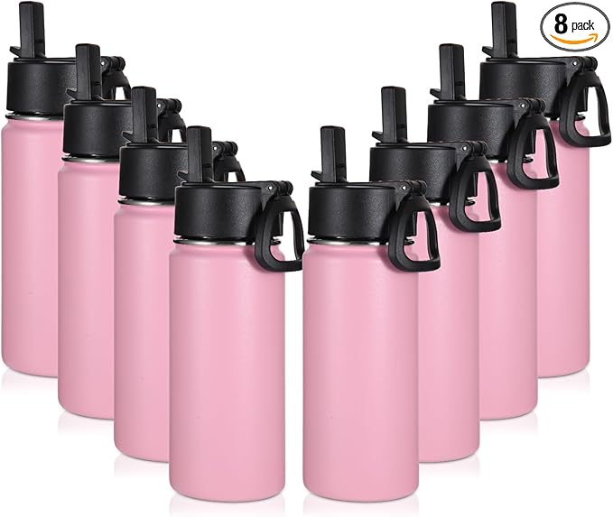 Volhoply 16 OZ Kids Water Bottle Bulk 8 Pack,Insulated Sports Bottles with Straw Lid,Stainless Steel Bottle with Handle Keep Cold & Hot,Double Wall Vacuum Tumbler Cups for School,Girls(Pink, 8) - Bloomnest