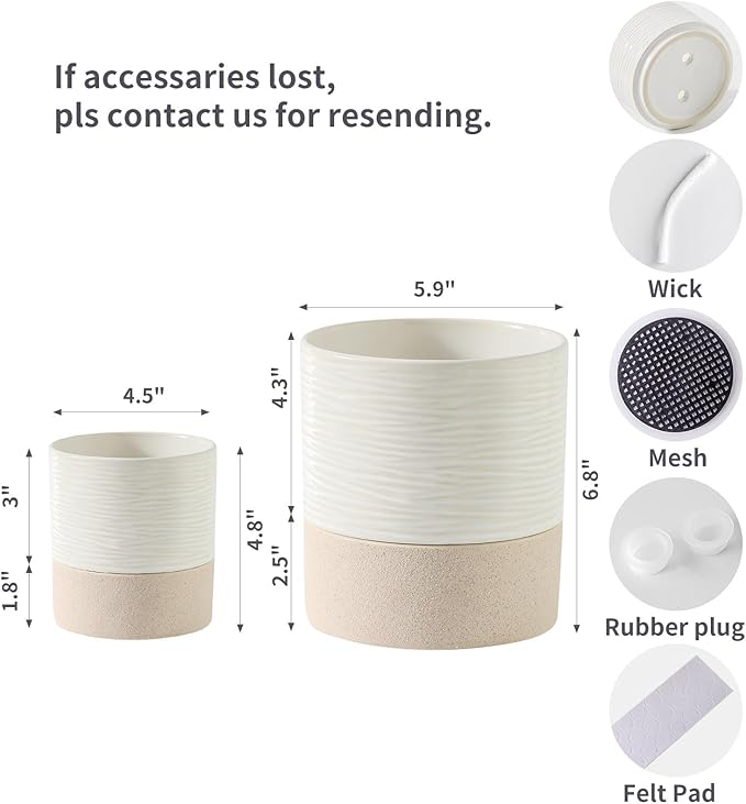 Nihow Self Watering Plant Pot for Indoor Plants: 4.5+6 Inch Ceramic Planter with Drainage Hole & Water Storage Plus - Cylinder Flower Pot with Wick for Herbs -White & Brown - Bloomnest