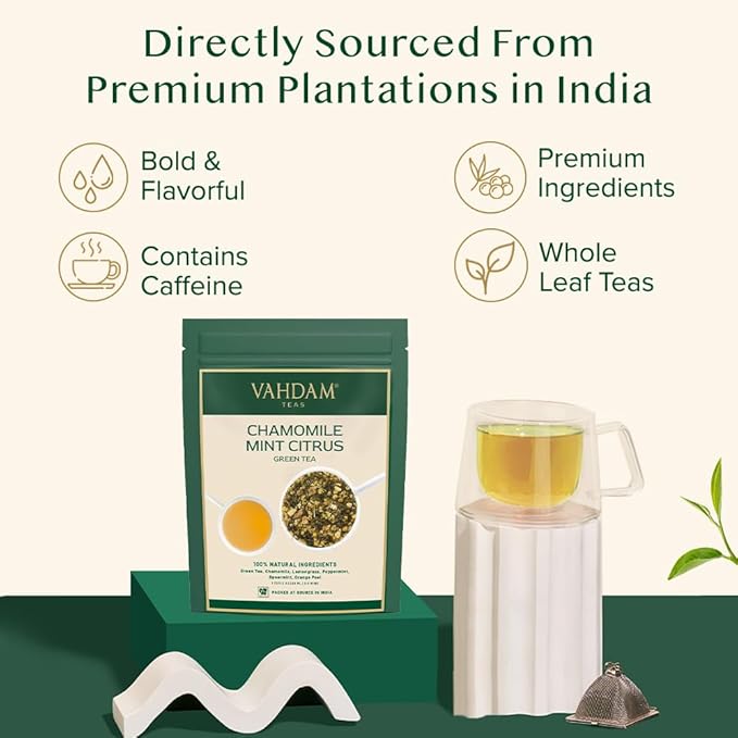 VAHDAM, Chamomile Mint Citrus Green Tea Leaves (50+ Cups, 3.5 oz) Essential Herbs | Green Tea Leaves, Chamomile, Peppermint, Spearmint, Orange Peels, Lemongrass | High Elevation Grown | Vacuum Sealed - Bloomnest