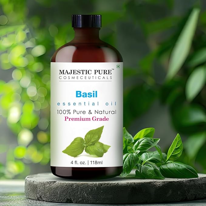Majestic Pure Basil Essential Oil with Glass Dropper - Huge 4 Fl Oz - 100% Pure and Natural Basil Oil - Premium Grade Essential Oils for Diffuser, Aromatherapy, Soap and Candle Making - Bloomnest