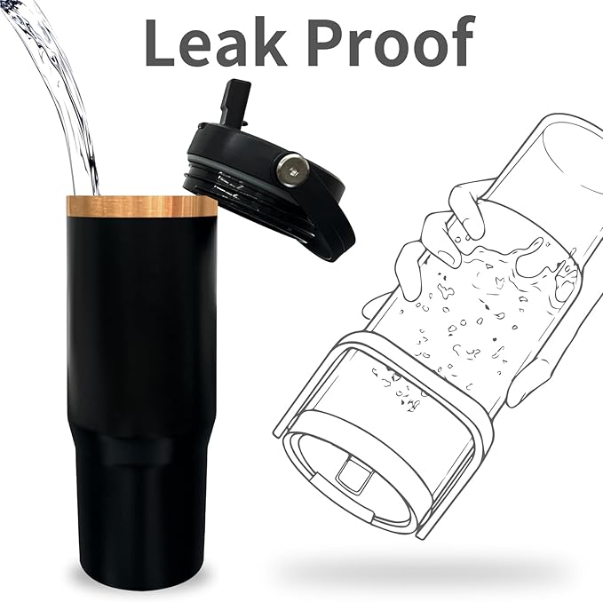 30 oz Tumbler with Handle, Double Wall Vacuum Insulated Tumblers with Flip Straw, Coffee Mug 30oz Powder Coated Cup for Hot and Cold Drinks(Copper Plated, Black,1 pack)