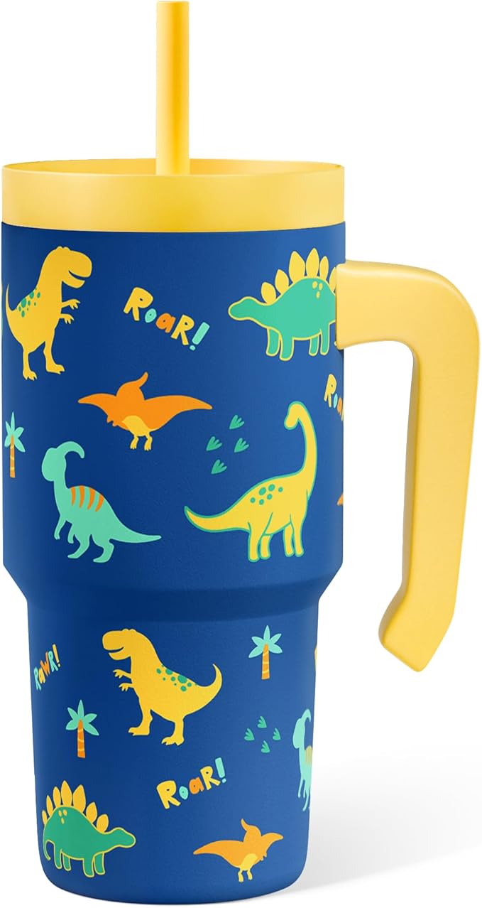 Dinosaur Tumbler 20oz with Handle and Silicone Straw Lid for Kid, Insulated Stainless Steel Cup, Gift for Kids Boys, Gifts Idea for Birthday Christmas Back to School - Bloomnest