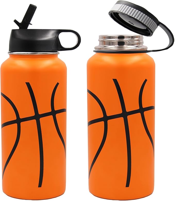 32 oz Basketball Water Bottle, Wide Mouth Sports Flask Metal Travel Tumbler with 2 Lids, Stainless Steel Double Wall Vacuum Insulated Thermo Water Bottles, Basketball Accessories Gifts for Boys Girls - Bloomnest