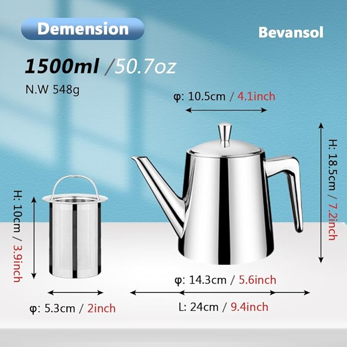 304 Stainless Steel Teapot Long Strain Large Capacity Teapot with Infuser and Removable Filter for Home Restaurant Office Dinnerware Accessories Drinkware Item (1500ml) - Bloomnest