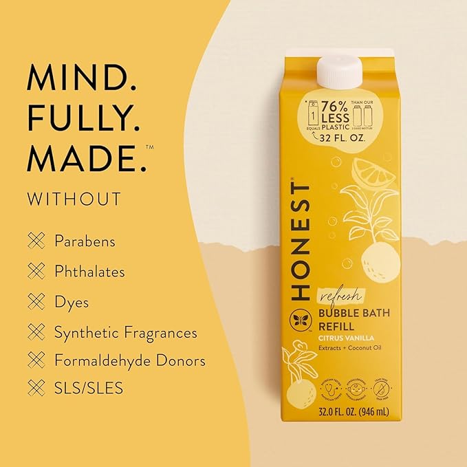 The Honest Company Foaming Bubble Bath Refill Carton Gentle for Baby Naturally Derived Tear-Free Hypoallergenic Citrus Vanilla Refresh 32 fl oz - Bloomnest