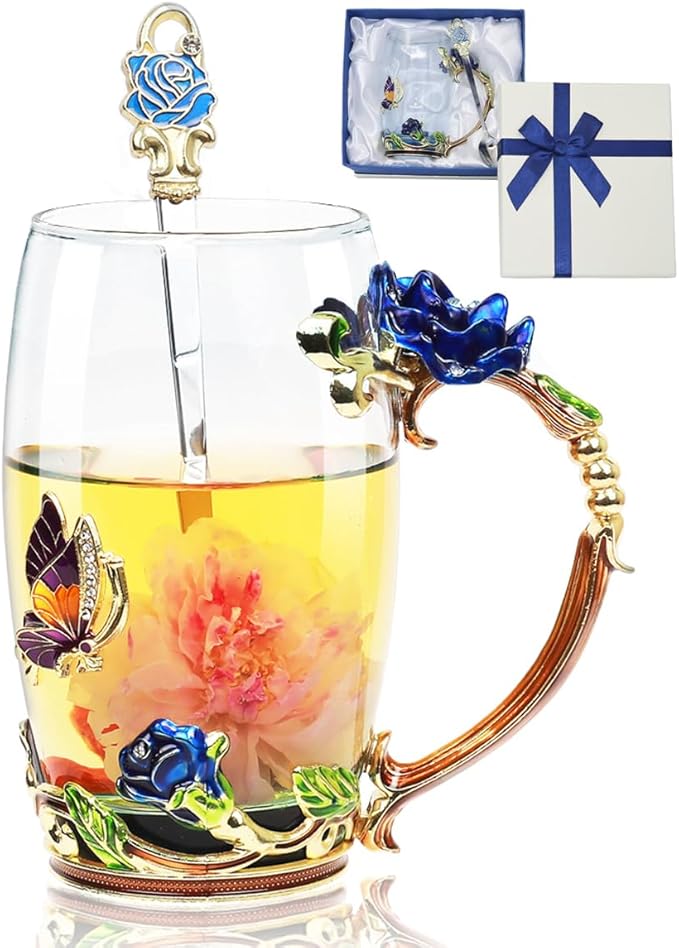 Flower Tea Cup ,Butterfly Rose Clear Glass Fancy Coffee Mug with Spoon,Gift Box for Her Mom Wife Grandma Girls Friends Valentines Christmas Birthday Present Idea for Juice,Hot And Cold Drinks Use - Bloomnest