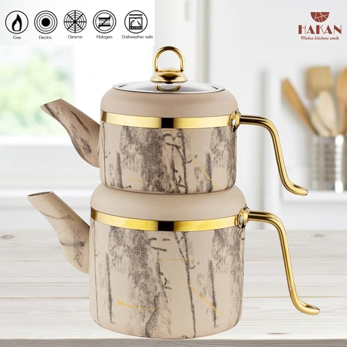 Hakan Melody Turkish Tea Pot Set | 3.5 L Tea Kettles for Stovetop with Stainless Steel Handless and Glass Lid | Aluminum Body Tea Maker | Double Stovetop Kettles with Granite Cover (cream) - Bloomnest