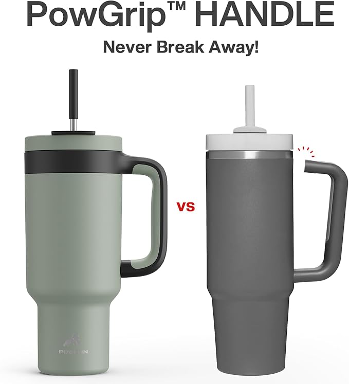 POWCAN 40 oz Tumbler with Handle, 2-in-1 Straw and Sip Lid, Leakproof, Dishwasher Safe, Insulated Stainless Steel Travel Coffee Mug, Keeps Cold for 34 Hours, Fits in Car Cup Holder (Agave) - Bloomnest