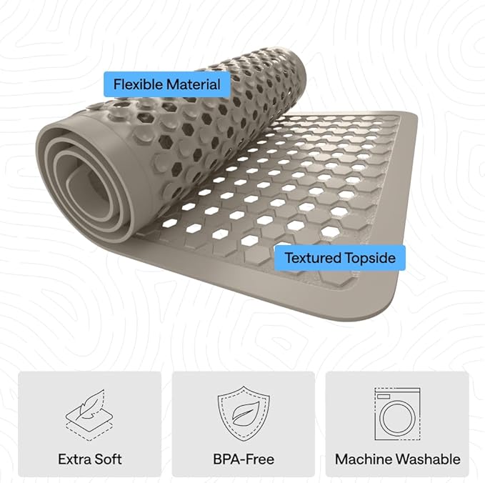 GORILLA GRIP Patented Bath Tub Shower Mat, Machine Washable Bathtub Floor Liner Mats, Suction Cups and Drain Holes to Keep Tubs Clean, Soft on Feet, Bathroom Essentials, 35x16 Inch, Beige - Bloomnest