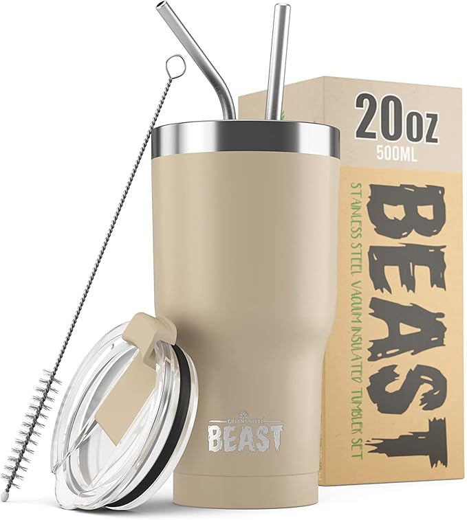 Beast 20 oz Tumbler Stainless Steel Vacuum Insulated Coffee Ice Cup Double Wall Travel Flask (Sand) - Bloomnest
