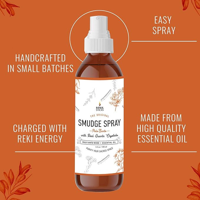 SOUL STICKS Palo Santo Smudge Spray – 3.5oz Smokeless Energy Mist with Quartz Crystals – Non-Toxic Cleansing Spray for Room, Meditation, Travel, Spiritual Rituals & Aura Purification SoulSticks