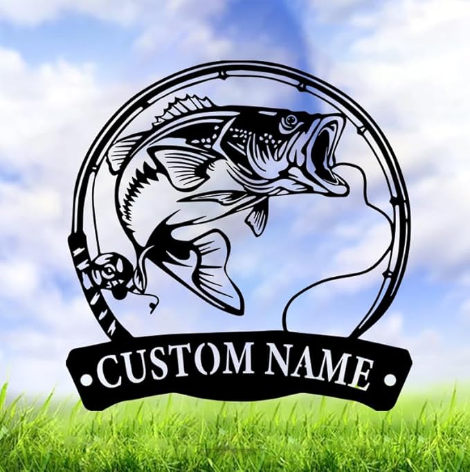 Bass Fishing Custom Metal Sign | 12 Inch Square | Modern Style | Personalized Name | Wall Mount | Home & Outdoor Decor - Bloomnest