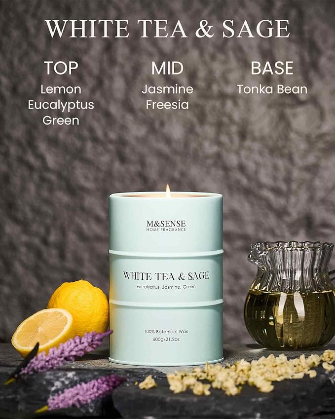 M&SENSE White Tea Sage Scented Candles Large, Natural Soy Candles 21.2oz 120 Hour Slow Burning,Aromatherapy Candle for Stress Relief Meditation Relaxing - Bloomnest