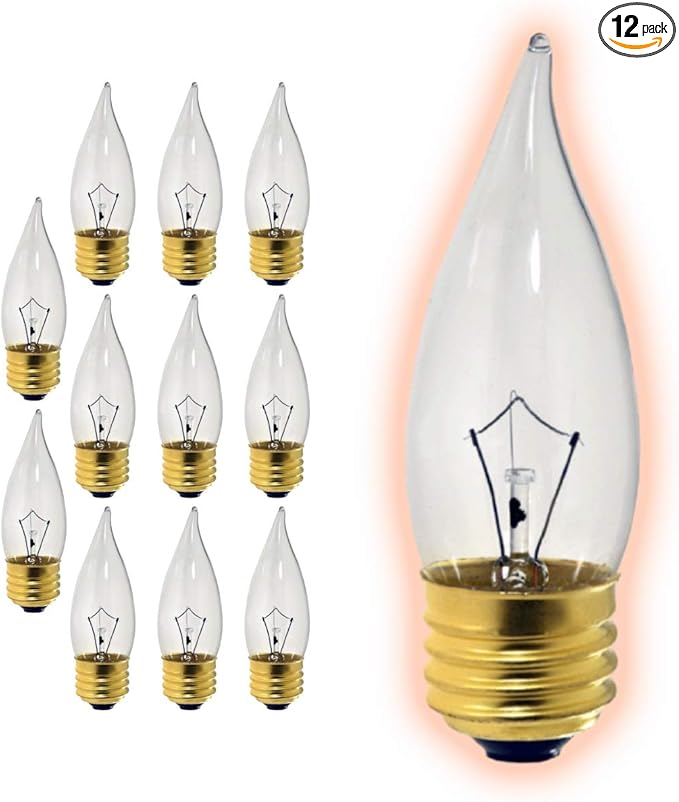 GoodBulb 25-Watt Incandescent Flame Tip Light Bulbs CA10 Clear Finish Medium E26 Base 2700K Warm White Color Dimmable 25W 175 Lumens Pack of 12 Bulbs - Bloomnest