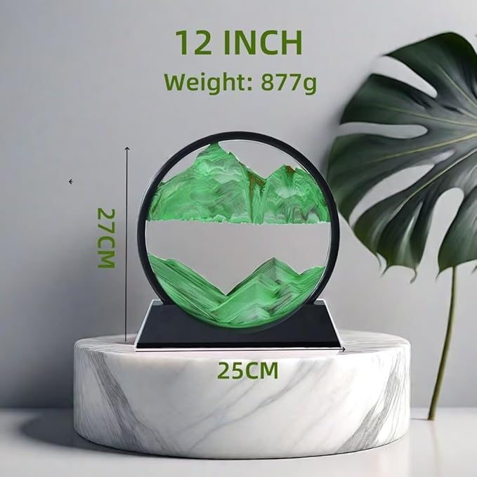 BGFJYUK Moving Sand Art Picture in Motion, Round Glass 3D Deep Sea Sandscapes with Display Flowing Sand Frame for Relaxing Desktop Home Office Work Décor for Kids Adults (Green, 12inch) - Bloomnest