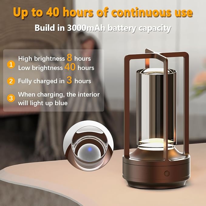Cordless Portable Table Lamp Rechargeable for Indoor/Outdoor, 3000mAh Small Battery Powered Operated Lights, 3 Color Modes Dimmable Waterproof, LED Desk Lamp for Restaurant/Bedroom/Camping (Brown) - Bloomnest