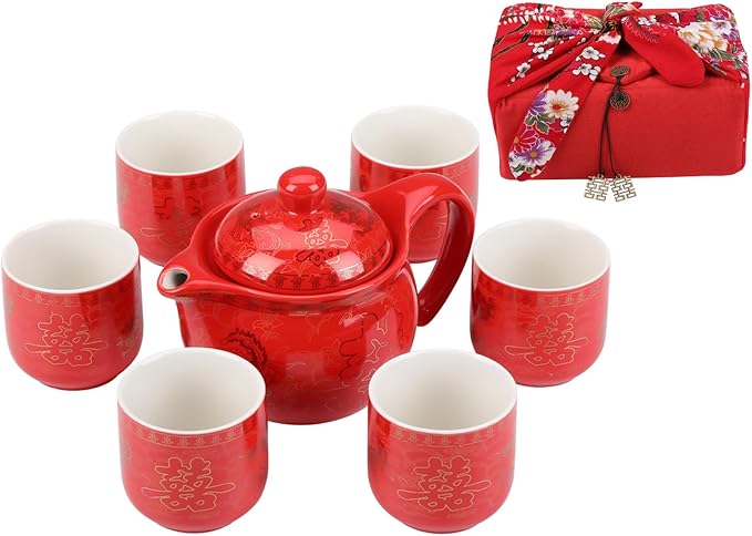 I-MART Chinese Tea Set, Red Ceramic Chinese Wedding Tea Set, Asian Traditional Tea Set with 1 Tea Pot. 6 Tea Cups and 1 Gift Box - Bloomnest