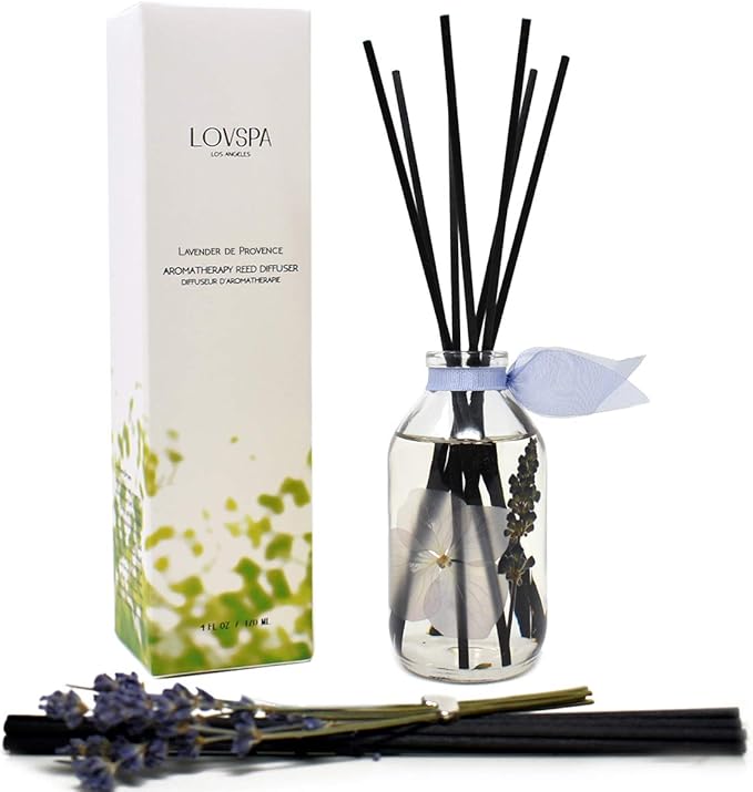 LOVSPA Reed Diffuser Set, Lavender De Provence Scented Oil Diffuser with Sticks, Home Fragrance Accessories for Bathroom Shelf Decor, Aroma Diffusers for Home or Office Desk, USA Made