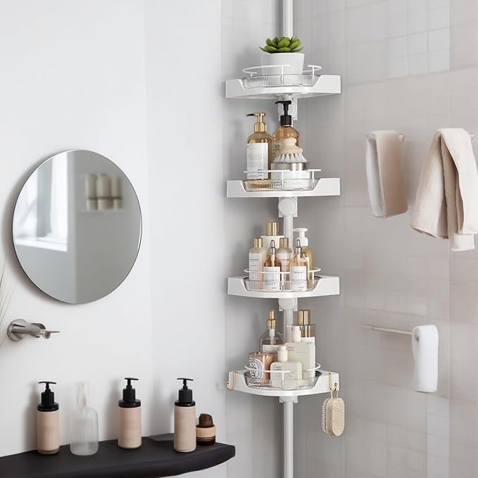360° Rotating Corner Shower Caddy Tension Pole Organizer - 4-Tier Adjustable Rustproof Metal Pole, Plastic Shelves with Safety Guardrail, Bathroom Storage for Shower & Bathtub(White) - Bloomnest