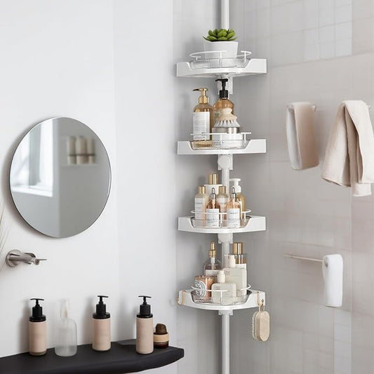 360° Rotating Corner Shower Caddy Tension Pole Organizer - 4-Tier Adjustable Rustproof Metal Pole, Plastic Shelves with Safety Guardrail, Bathroom Storage for Shower & Bathtub(White) - Bloomnest