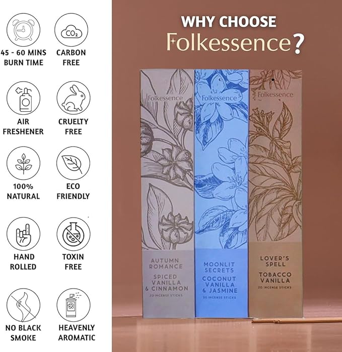 Folkulture Incense Sticks (240 Sticks) | Set of 12 Premium Incense Sticks Variety Pack Aromatherapy Gifts | No Charcoal, Organic, Non Toxic, 45 Mins, Long Burning Palo Santo, Vanilla Insence-Sticks FOLKULTURE