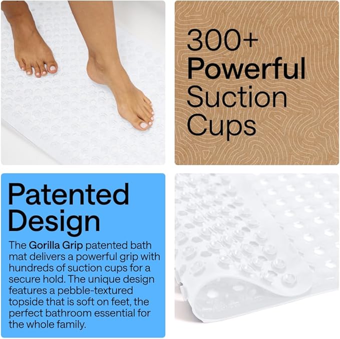 GORILLA GRIP Patented Bath Tub Shower Mat, 2 Pack, Machine Washable Bathtub Floor Liner Mats, Suction Cups and Drain Holes to Keep Tubs Clean, Soft on Feet, Bathroom Essentials, 35x16 Inch, White - Bloomnest