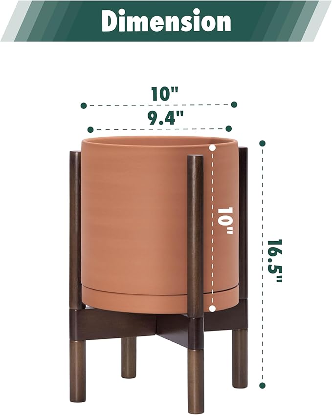 D'vine Dev Terracotta Planter with Walnut Color Stand - 10 Inch Modern Round Flower Pot with Wood Planter Holder, Terracotta, 55-B-X-5 - Bloomnest