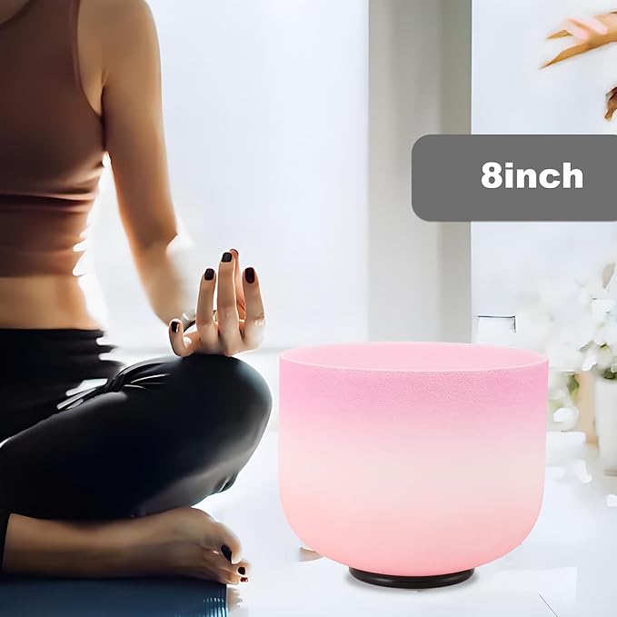 Crystal Singing Bowl 8 inch F Note, Colorful Pink Sound Bowl with Mallet O-ring, Sound Healing Instruments for Healing Mindfulness Meditation Yoga Sound Baths - Bloomnest