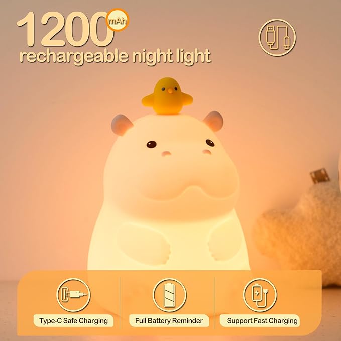 ATSUI Hippo Night Light, LED Squishy Novelty Animal Lamp, Food Grade Silicone, 2 Level Dimmable, Nursery Nightlight for Desk Decor, Funny Gifts Stuff for Boys Girls Baby, White Elephant Gifts - Bloomnest