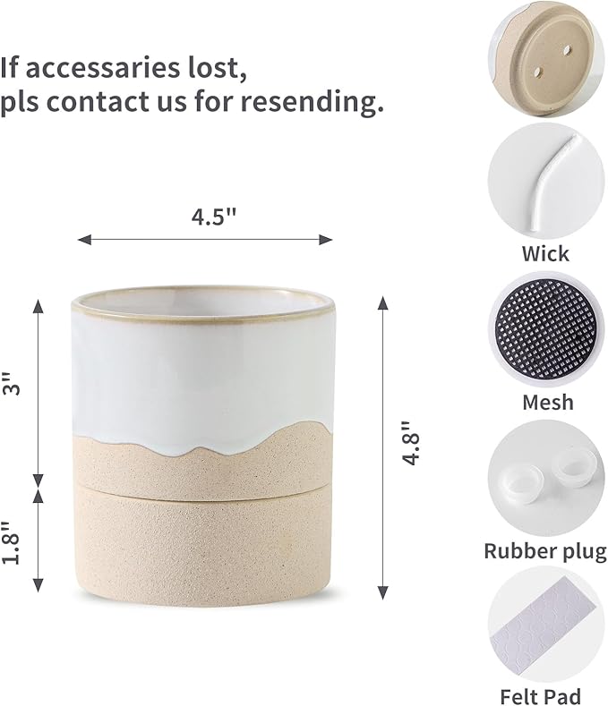 Nihow Self Watering Plant Pot: 4.5 Inch Ceramic Planter with Drainage Hole & Water Storage Plus for Indoor & Outdoor Plants - Cylinder Flower Pot for Herbs/Violets - White & Nature - Bloomnest