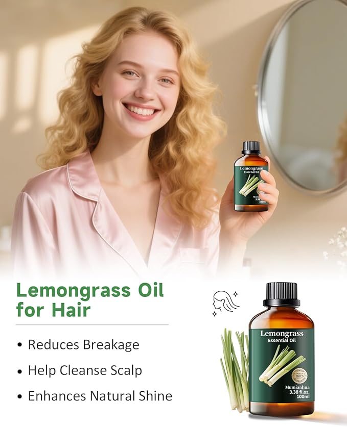 Pure Lemongrass Essential Oil,Mumianhua Natural Lemongrass Oil for Aromatherapy Diffuser, Outdoor Fresh Air, Natural Protective Blends, Skin Care, Hair, Spray, Soap, Candle Making 3.38 Fl Oz - Bloomnest