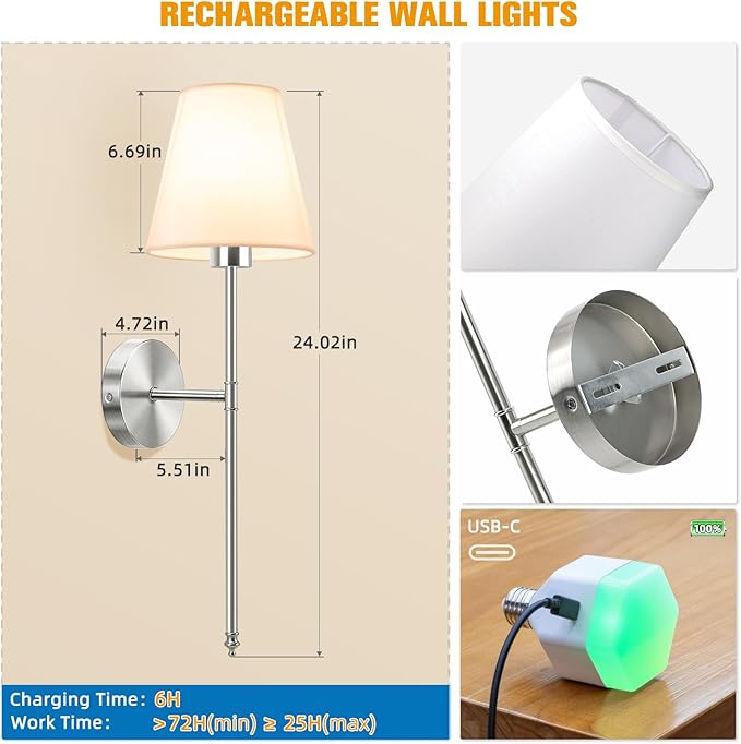 NIORSUN Battery Operated Wall Sconce Set of 2,Brushed Nickel Rechargeable Wall Lights with 5200mAh Dimmable Detachable Bulbs and Remote, 10 Colors Wireless Sconces for Bedroom Living Room Hallway - Bloomnest