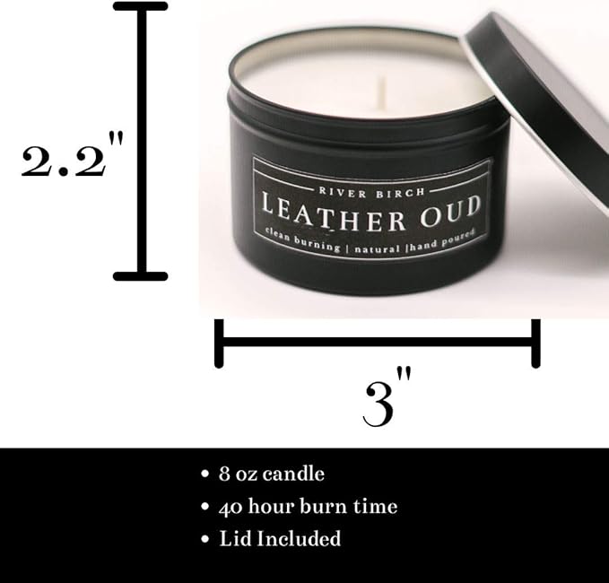 River Birch Candles Leather Oud Scented Candle | Premium, All-Natural, Non-Toxic, Soy Candles | 8 oz. Black Matte Tin Travel Candle | Cozy Relaxing Gifts for Home - Bloomnest