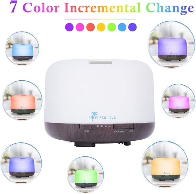 Diffuserlove Essential Oil Diffuser 500ML Aromatherapy Diffuser Mist Humidifiers 7 Color LED Lights Diffusers for Home Office Bedroom (Size:6.7" L x 6.7" W x 4.7" H) - Bloomnest