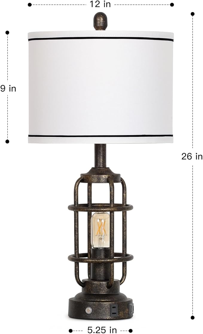 26" Vintage Industrial Table Lamps Set of 2, Farmhouse 3 Way Dimmable Touch Control LED Night Lights Table Lamp with USB A+C Ports & AC Outlet, Rustic Retro Beside Nightstand Lamp for Bedrooms Bronze - Bloomnest