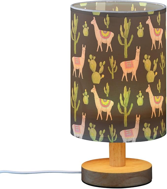 Table Lamp Watercolor Llama Alpaca Cactus Pattern Nightstand Lamp with Wood Base Fabric Lamp Shade Bedside Desk Lamp for Living Room Bedroom Kids Room Office - Bloomnest