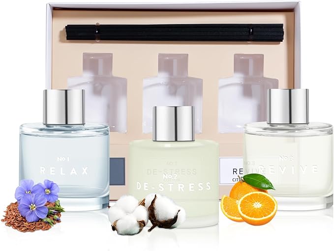 3 Pack Fragrance Diffuser, 50ML Clean Linen Cotton Citrus Aromatherapy Set with 12 Black Fiber Sticks,Air Freshener for Bedroom Bathroom Office - Bloomnest