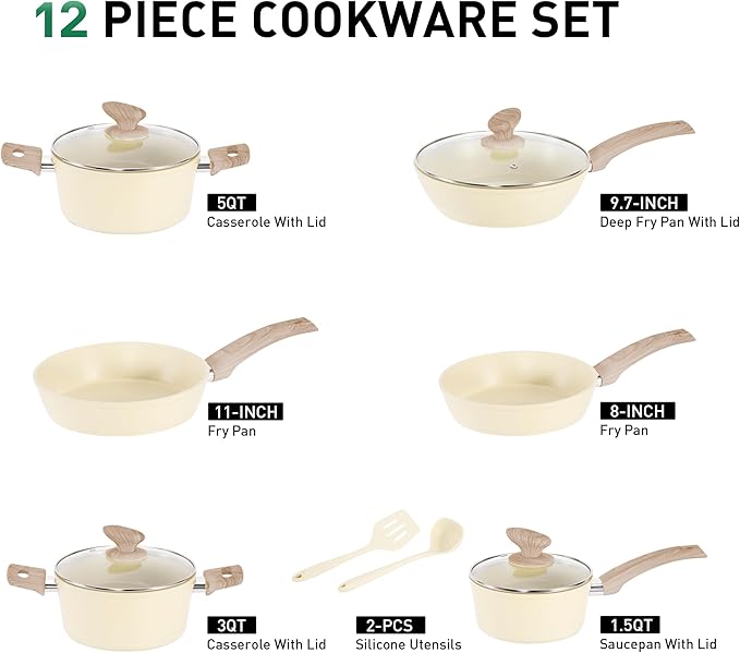 MAISON ARTS Pots and Pans Set Non Stick, Kitchen Cookware Sets Nonstick, 12 Piece Granite Cooking Pot and Pan for Induction, Stovetop, Beige - Bloomnest