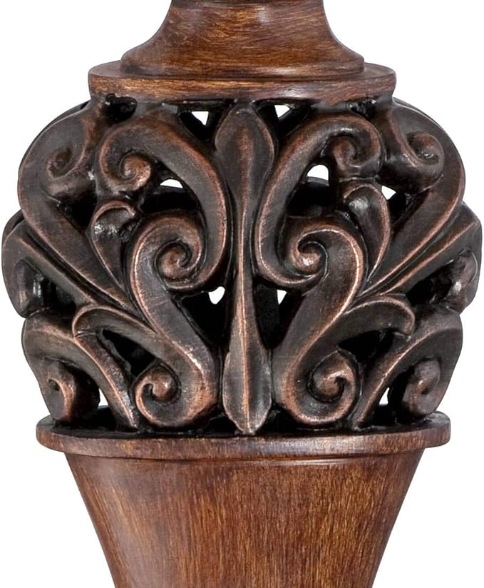 Regency Hill Exeter Traditional Style Table Lamps 30" Tall Full Size Set of 2 Bronze Wood Carved Leaf Creme Rectangular Bell Shade Decor for Living Room Bedroom House Bedside Nightstand Office - Bloomnest