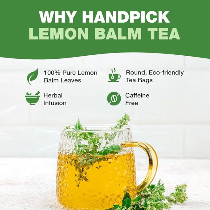 HANDPICK Lemon Balm Tea Bags – 100 Count | 100% Pure & Naturally Dried | Caffeine-Free Herbal Tea with Citrus Flavor & Aroma | Premium Lemon Balm Leaf for Calming and Digestion Support - Bloomnest