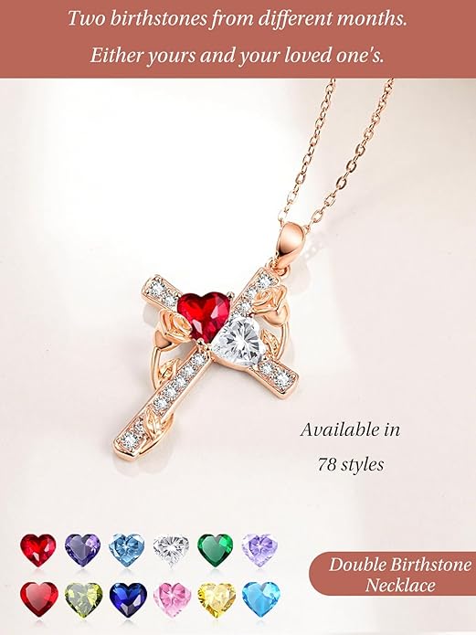 Rose Gold Dual Birthstones Cross Necklace for Women Rose Flower Jewelry Anniversary Christmas Mother's Valentine's Day Birthday Gift for Wife Girlfriend Mom - Bloomnest