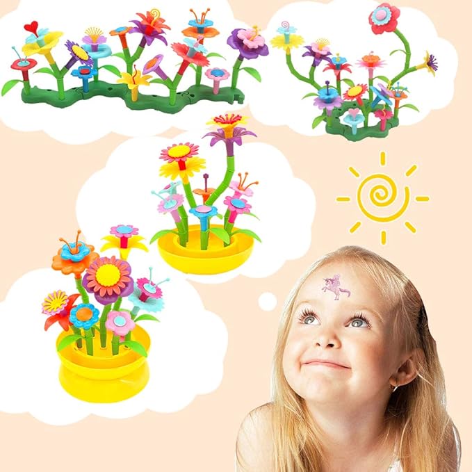 VERTOY Flower Garden Building Toy Set for 3, 4, 5, 6 Year Old Girls, STEM Educational Activity Games and Girls Birthday Gift for Age 3+ yr Toddlers and Kids, 143 pcs - Bloomnest