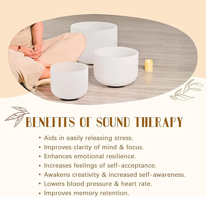 440HZ Sound Healing 8''-12'' Set of 3 Crystal Singing Bowls, Frosted Chakra Quartz Crystal Sound Bowl 8'' A 10'' C 12'' F - Bloomnest