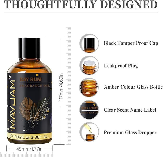 Bay Rum Fragrance Oil Essential Oil, MAYJAM 3.38FL.OZ Bay Rum Oil for Diffusers for Home, Long Lasting Scented Oils for Soap Candle Making - 100ML MAYJAM