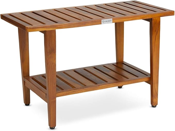 TeakCraft Teak Shower Bench with Shelf 30 inch Wood Spa & Shower Stool - Fully Assembled, The Liv - Bloomnest